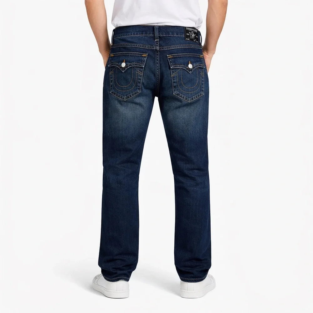 True Religion Ricky Straight Jeans Mens 34x32 Dark Wash Flap Pocket NWT - Picture 2 of 14